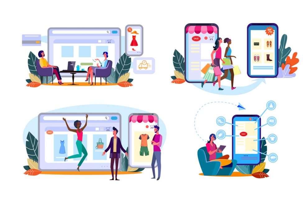 Set of women customers enjoying shopping online