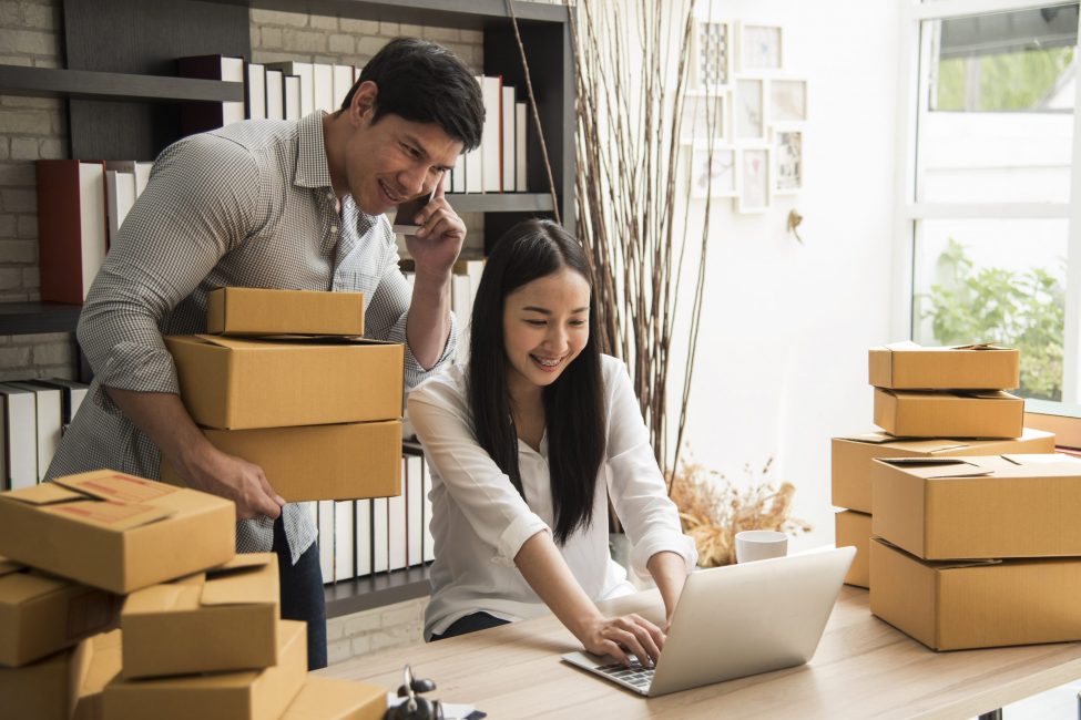 business digital online is small business a new start up in the present for online shop. By woman and man owner have a warehouse used to send to customer. SME entrepreneur concept